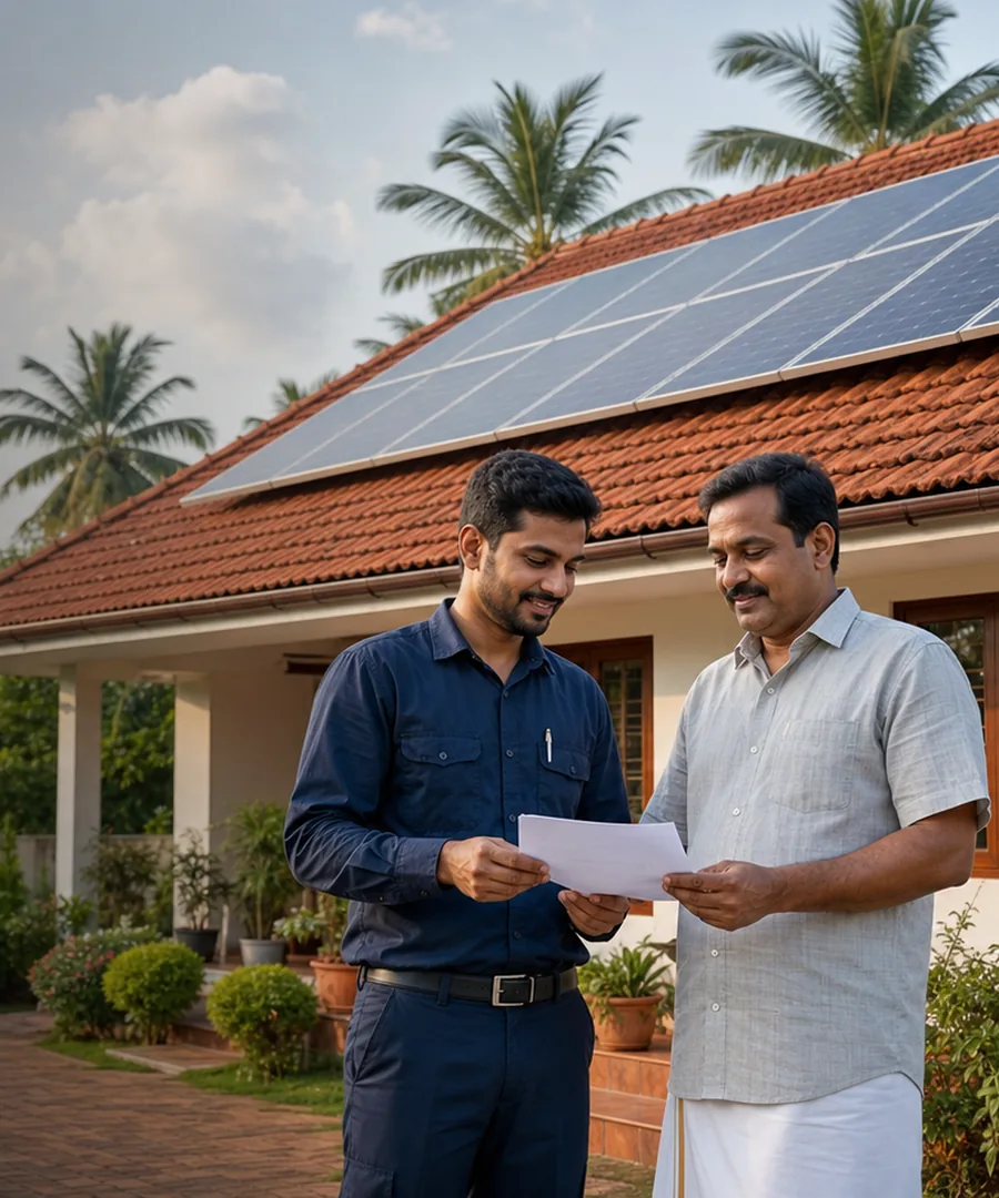 FGE Solar engineer explaining PM Surya Ghar subsidy paperwork to a Kerala homeowner